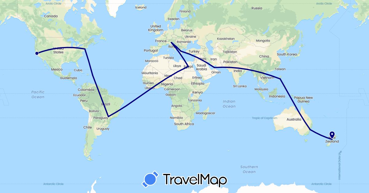 TravelMap itinerary: driving in United Arab Emirates, Australia, Brazil, Egypt, Greece, Italy, New Zealand, Philippines, United States (Africa, Asia, Europe, North America, Oceania, South America)
